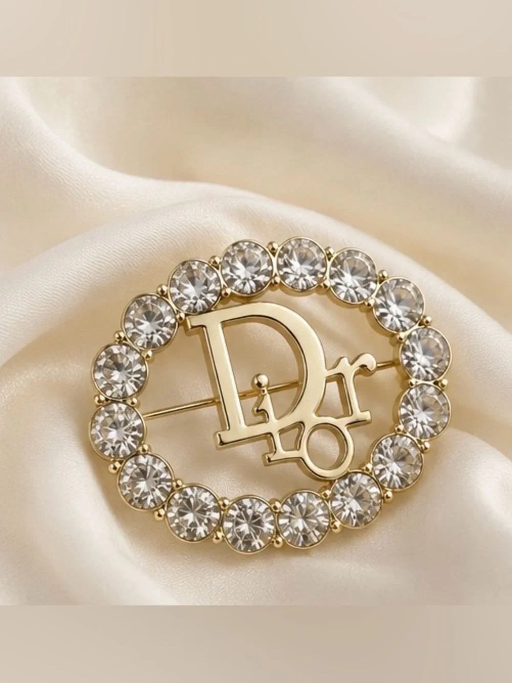 Gold Tone Rhinestone Logo Style Statement Brooch Pin